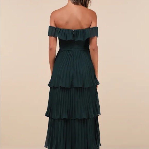 New Lulu's Always Remarkable Emerald Green Pleated Off-the-Shoulder Maxi Dress - Picture 7 of 7